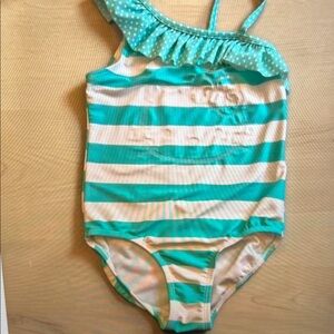 Girls One-Shoulder Stripe Swimsuit in Teal and White